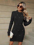 Knitting Crew Neck Jacquard Long Sleeve Mini&Short Dresses