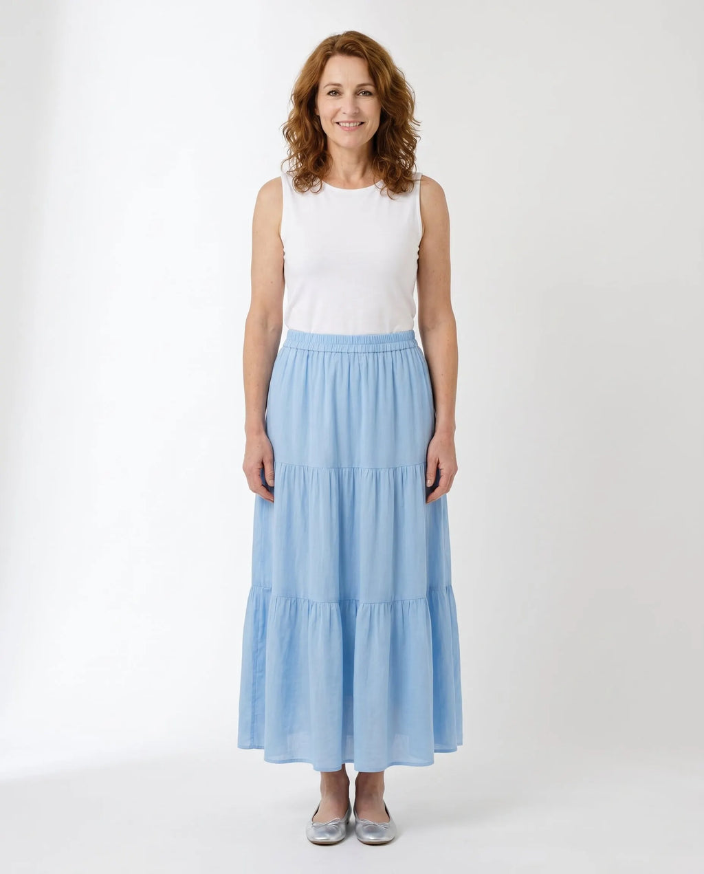 Women's Airy Linen Maxi Skirt with Layers and Elastic Waist