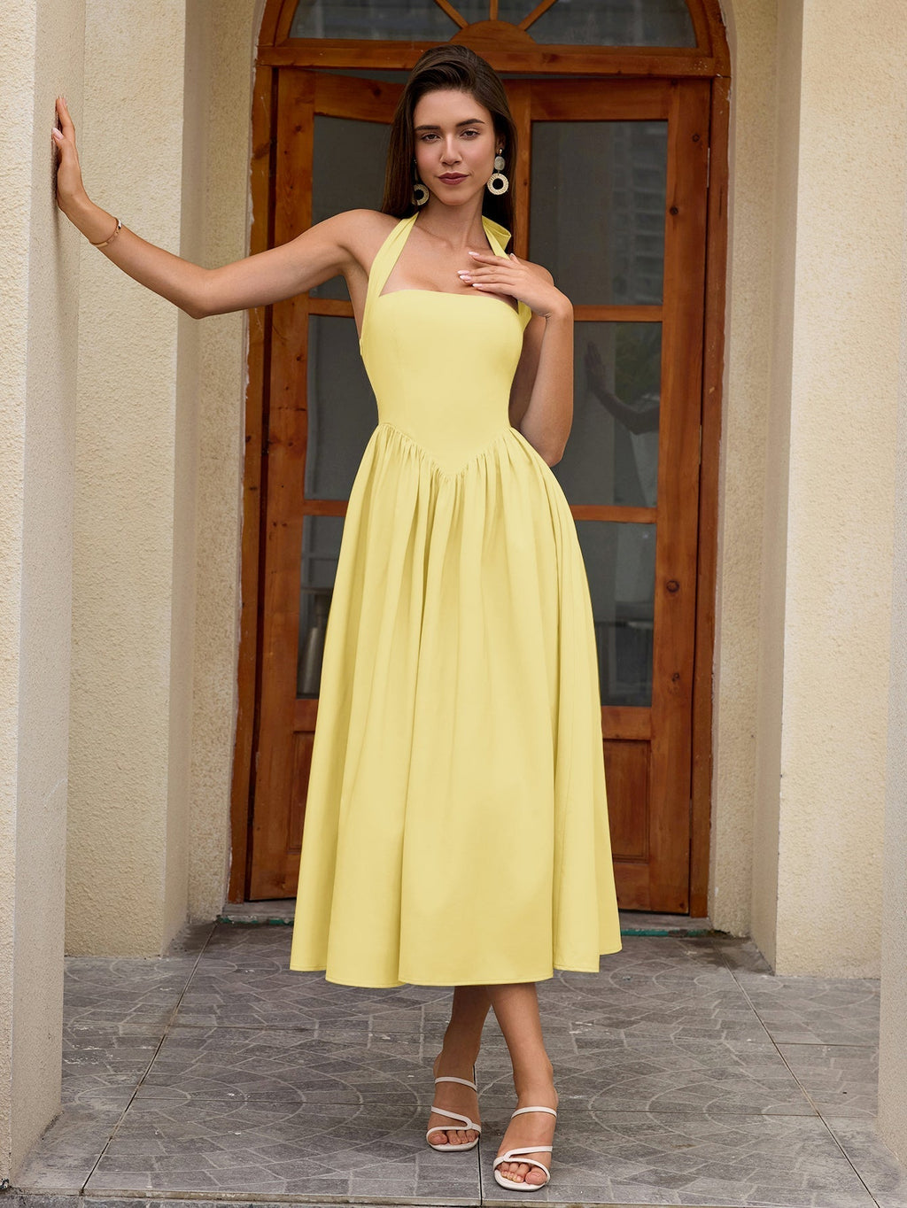 Halter Ruched Backless Flared Pocket Long Dress