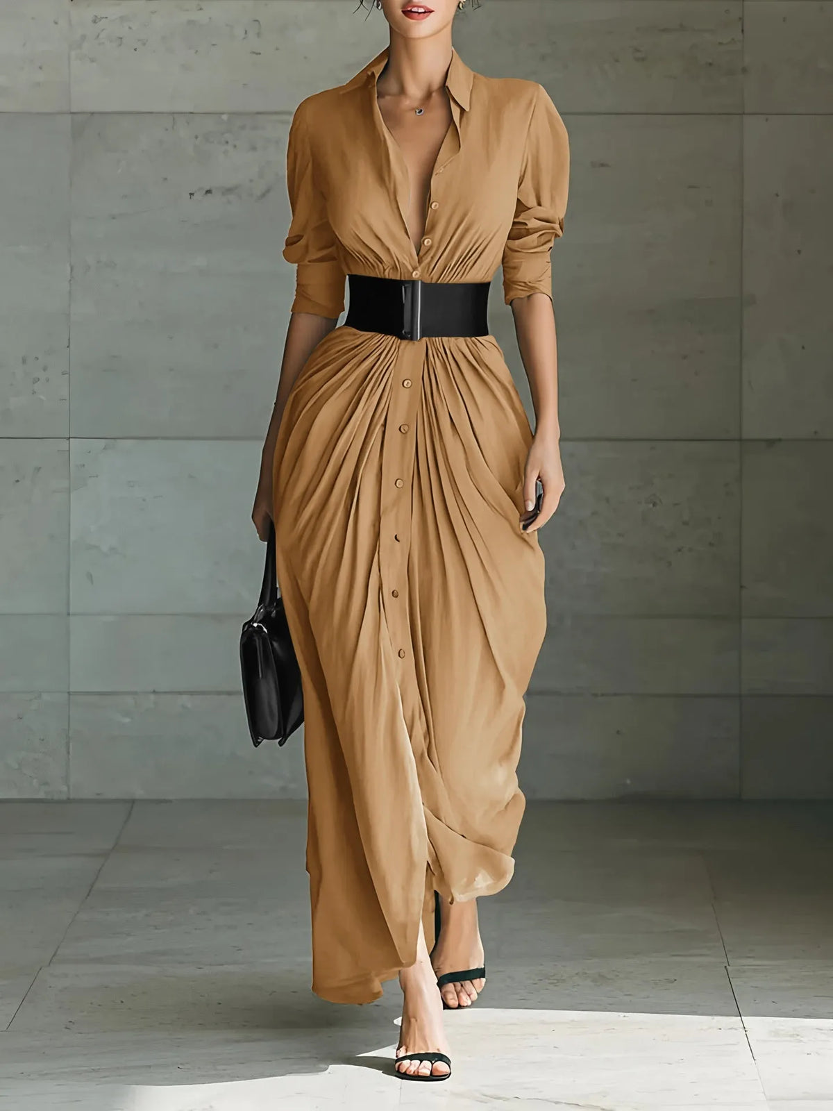 Long Collared Button-down Shirt Dress With Belt