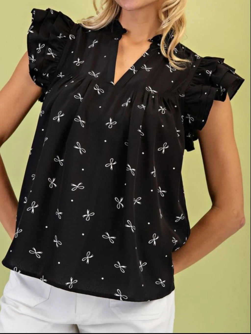 Blouse Ruffled Cap Sleeve Flowy Tunic Bow Print Notched