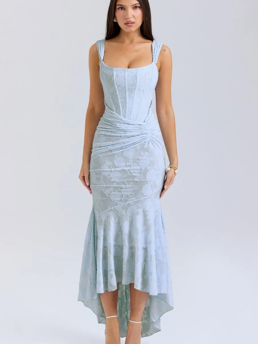 Floral Jacquard Fabric Boning Fishtail Maxi Dress