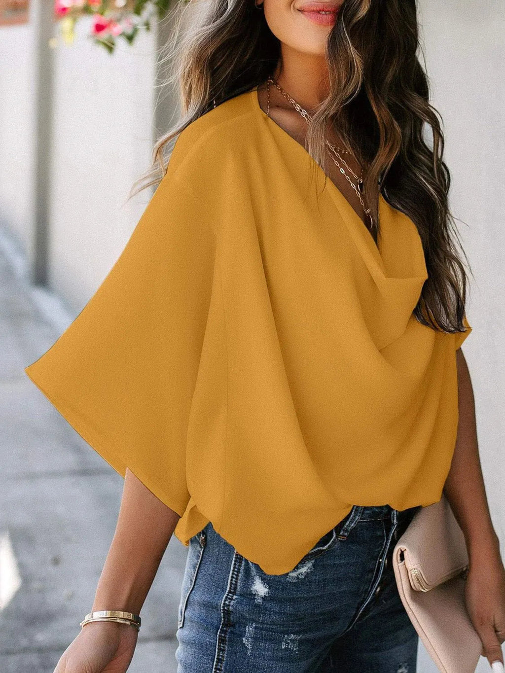 Basic Blouse Top Ruched Chic Draped Neck Casual Boho