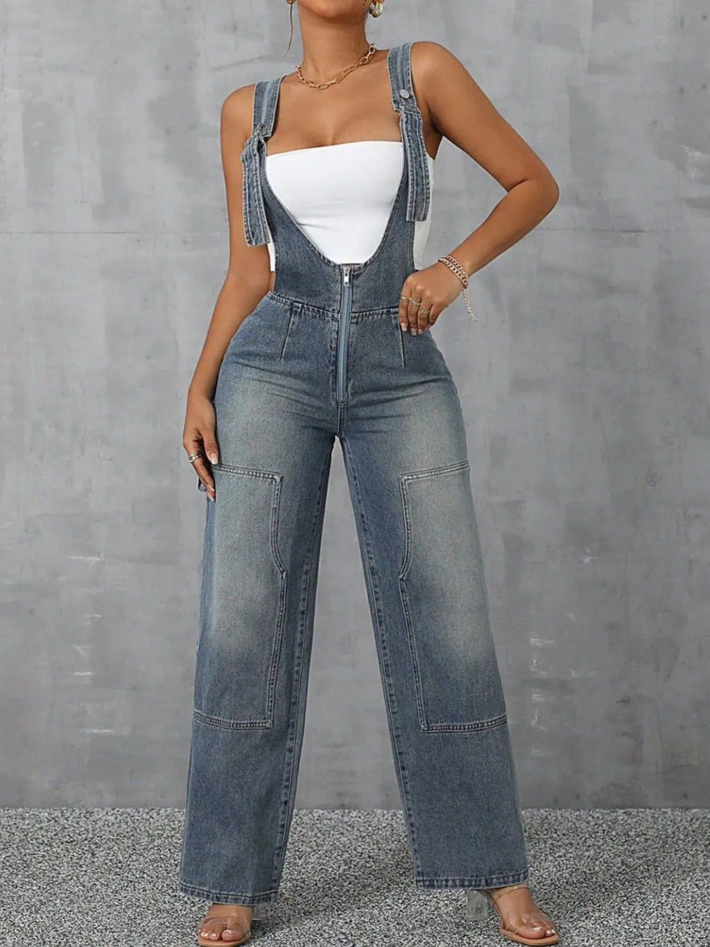 Zip Front Denim Overalls – Wide Strap Street Style