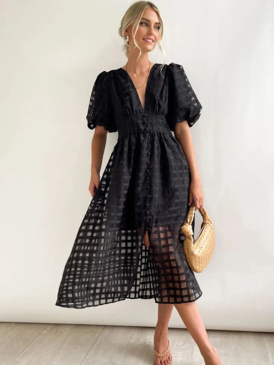 Balloon Sleeve Color Hollow Temperament Midi Dresses