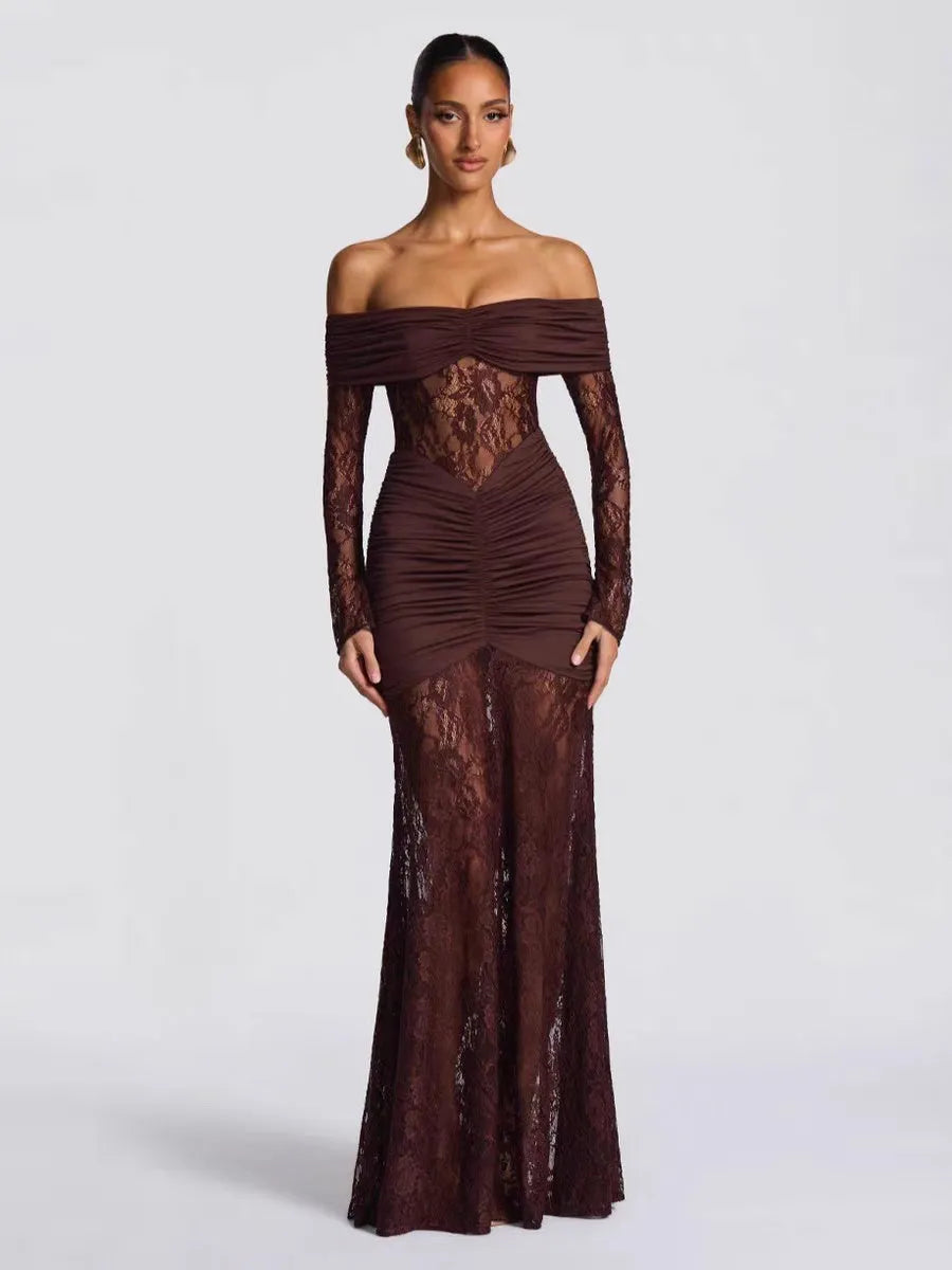 Off Shoulder Hollow Lace Splicing Long Sleeve Hip-hugging Maxi Dresses