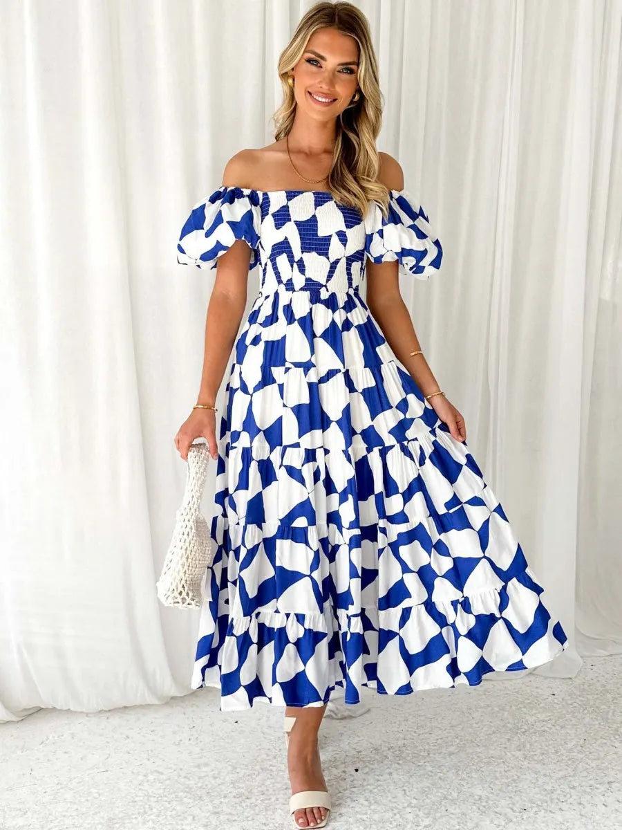 Off-the-shoulder Geometric Color-blocked Print Tulle Skirt With Puff Sleeves Long Dress