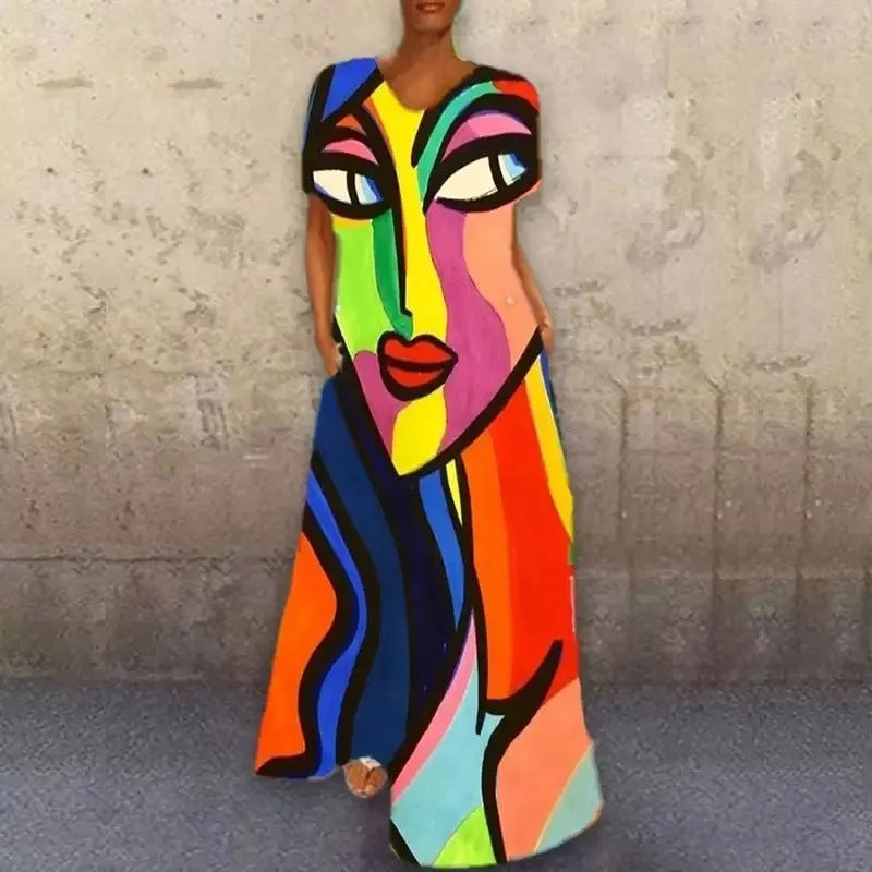 Women Casual Summer Vintage Short Sleeve Loose Character Print V Neck Dress