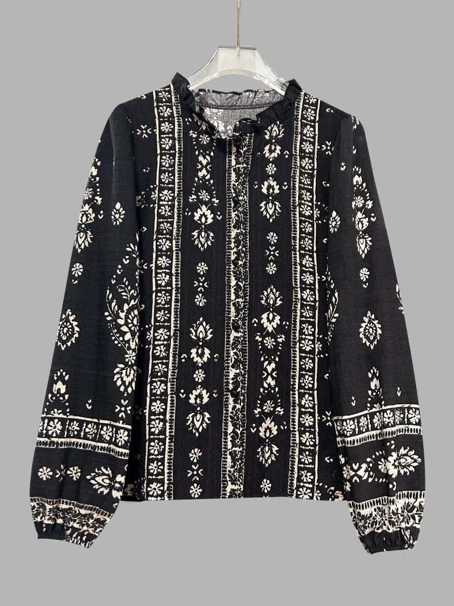 Geometric Print V-neck Long-sleeved Shirt