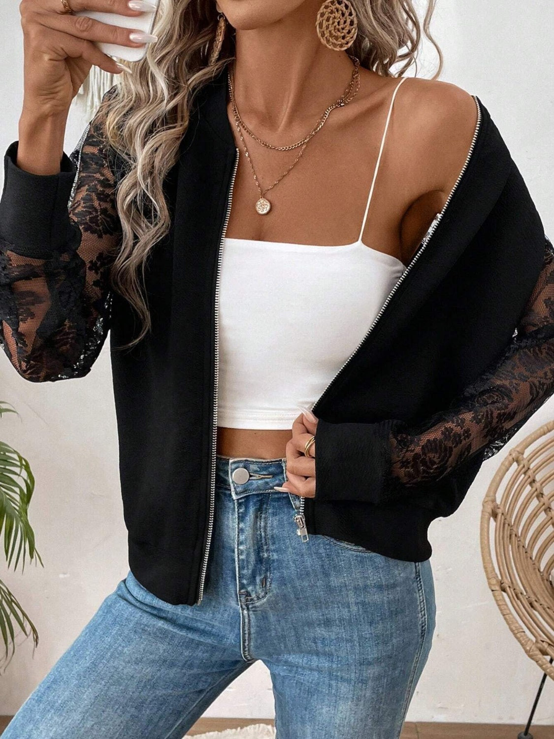Jacket Baseball Collar Lace Detail Zip Up Casual Trendy
