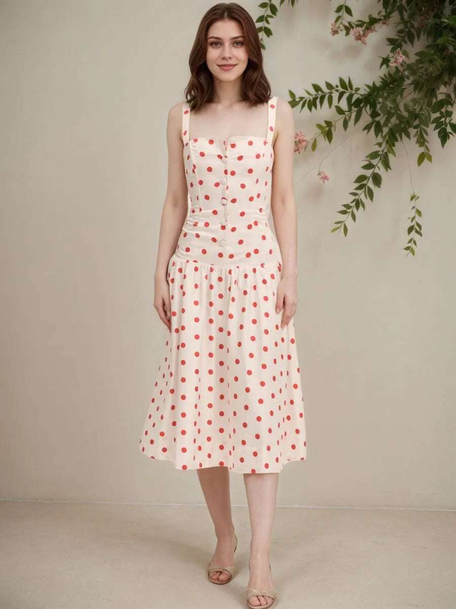 Red Polka Dots Retro Buttons Maxi Dresses
