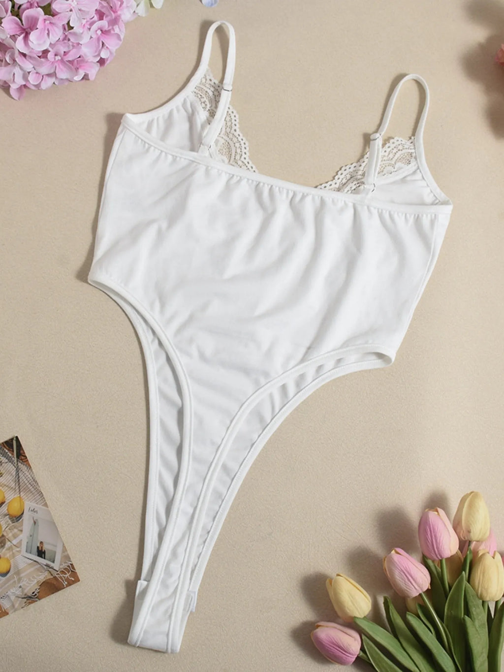 Lace Trim High Elasticity In Crotch Hollow-out High Waist Bodysuits