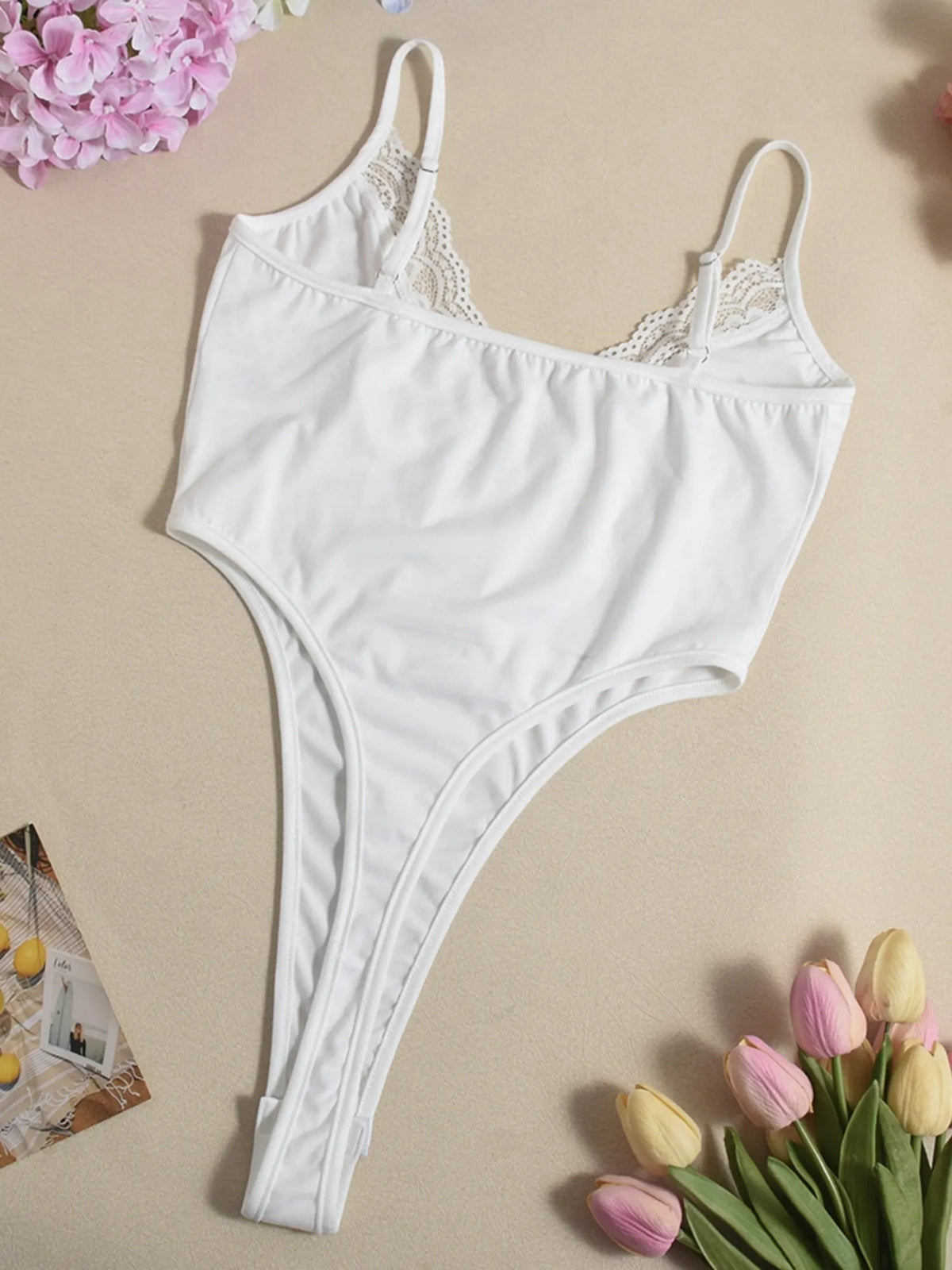 Lace Trim High Elasticity In Crotch Hollow-out High Waist Bodysuits