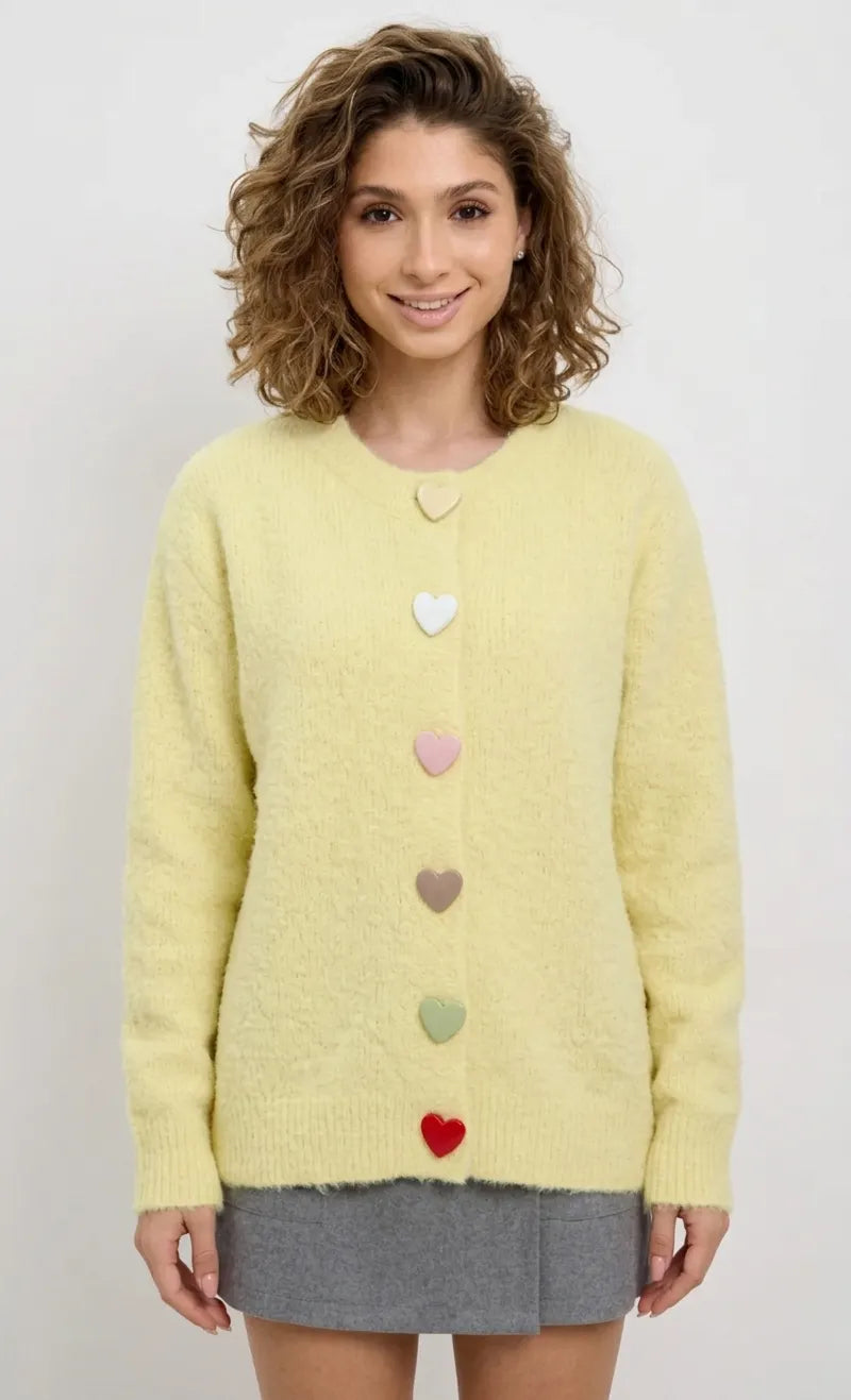 Yellow Soft Knitted Cardigan for Women with Heart-Shaped Buttons