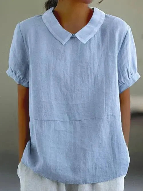 Top with Contrasting Collar and Short Puff Sleeves for Women