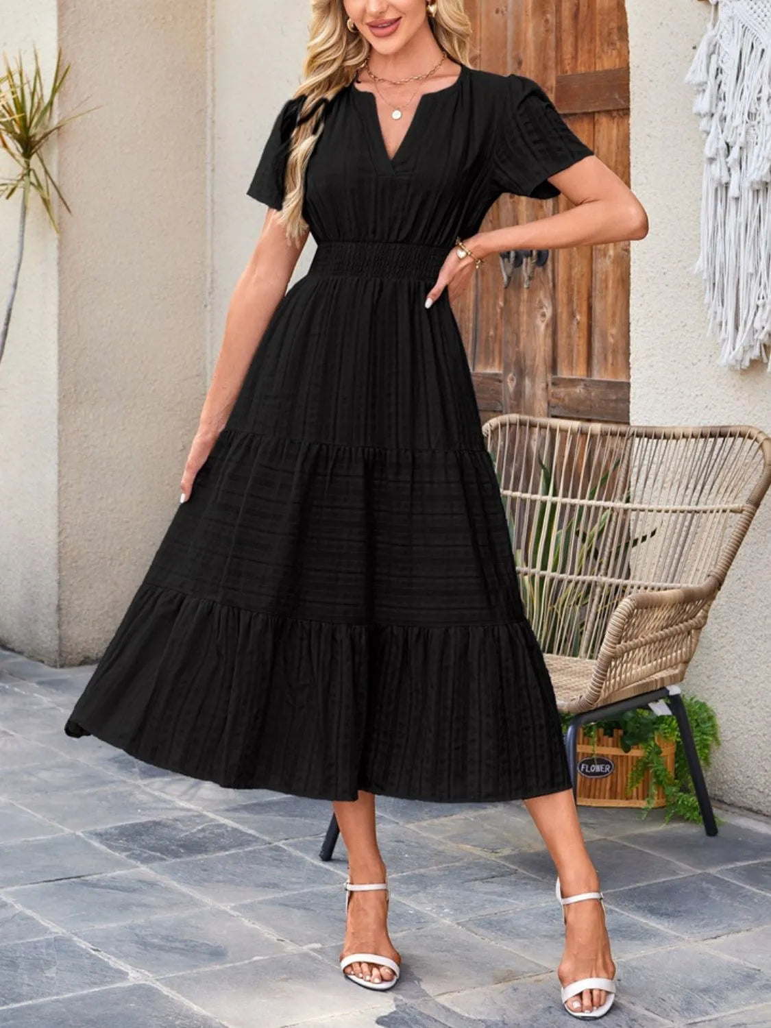 Midi Dress Chic Unlined Comfort Tiered Pocketed Casual