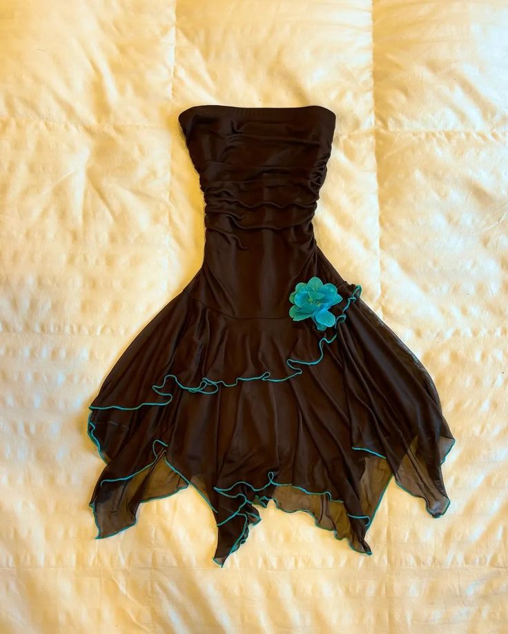 Black fashion blue floral tube top short ruffle homecoming dress prom dress evening dress birthday party dress