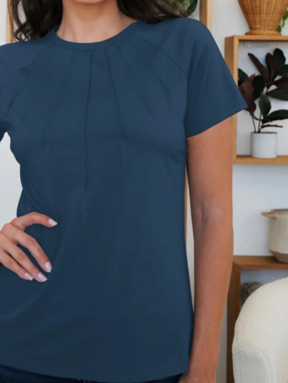 T-Shirt Basic Casual Chic Pleated Slightly Stretchy