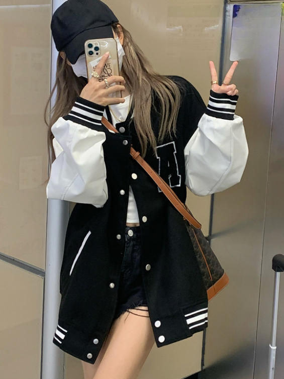 Women’s Varsity Bomber Jacket with Letter Print and Snap Button Closure
