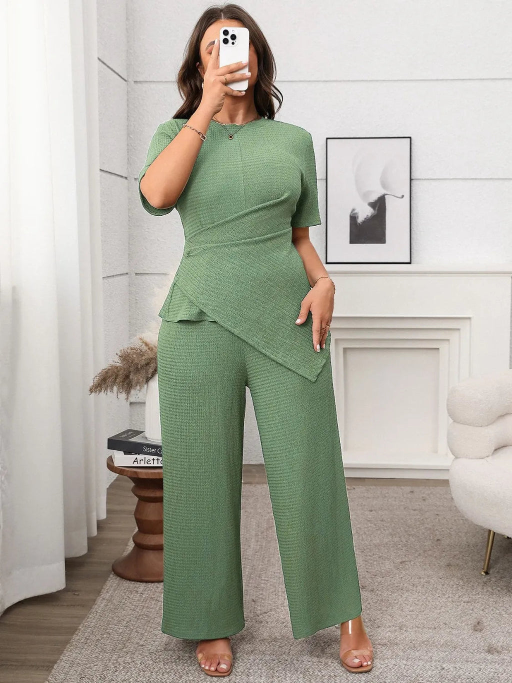 Outfit Set Plus Size Asymmetrical Top and Wide-Leg Pants
