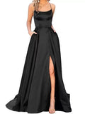 Silk High Fork Solid Color Camisoles Maxi Dresses