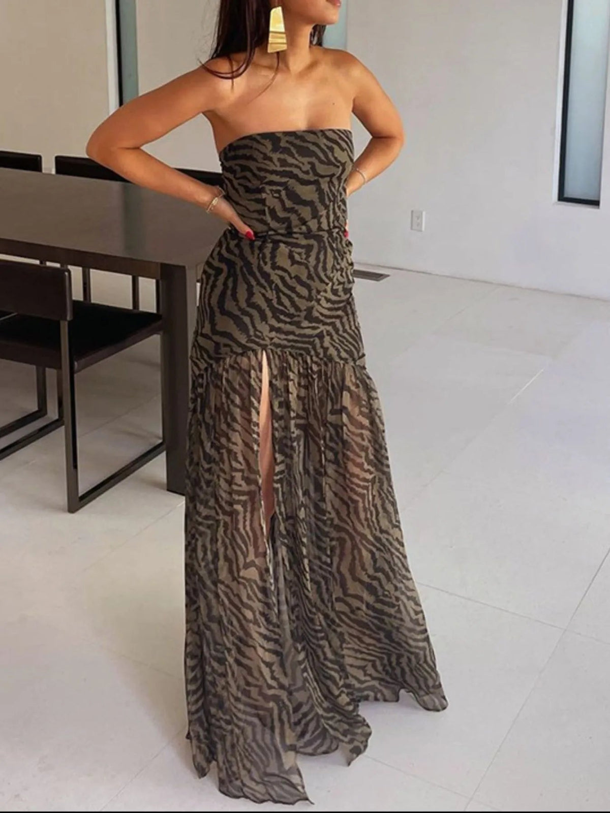 Maxi Dress Strapless Zebra Print Glamorous Slit Party Wear