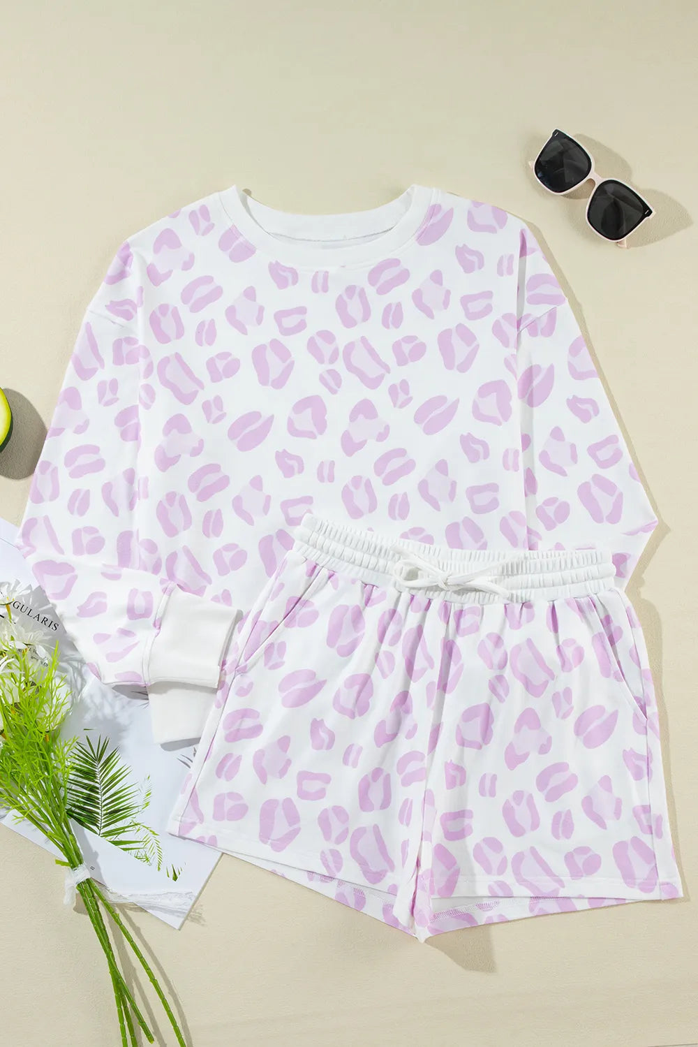 Loungewear Set Cozy Leopard Print Top & Drawstring Shorts
