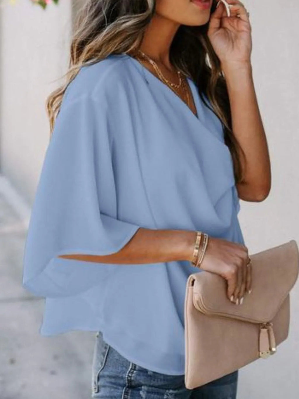 Basic Blouse Top Ruched Chic Draped Neck Casual Boho