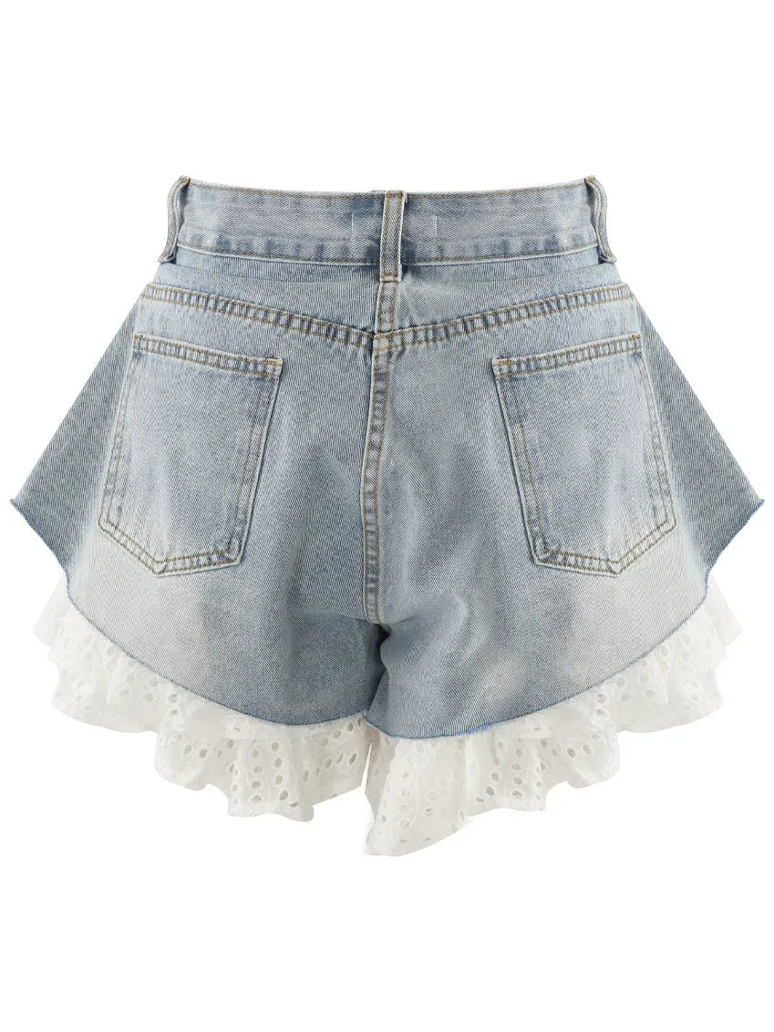 Straight-leg Patchwork Lace Denim Shorts