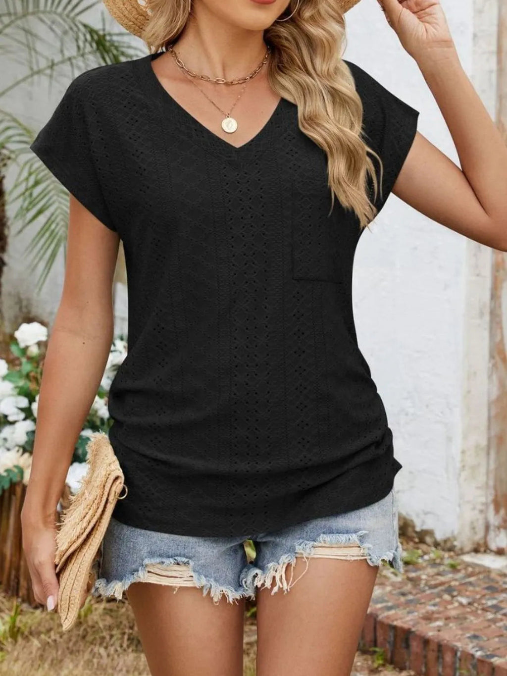 Blouse Top Casual Comfy Slight Stretch Eyelet Boho Chic