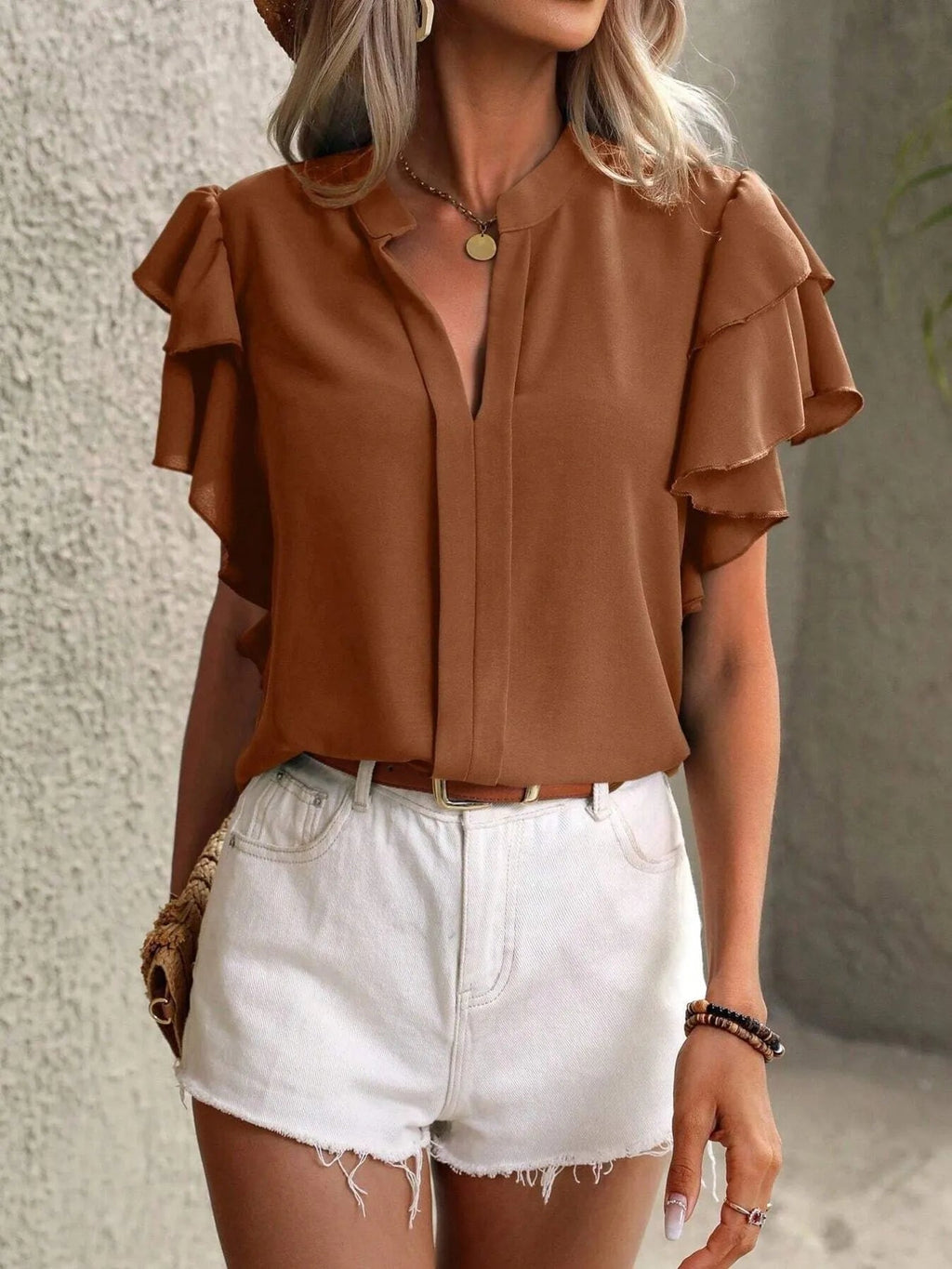 Blouse Top Ruffle Sleeve Notched Casual Elegant Business