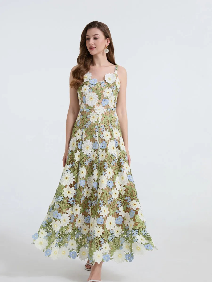 Lace Embroidery Spaghetti Strap Long Dress