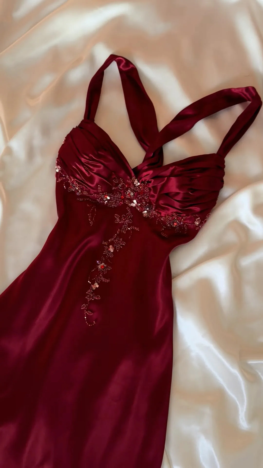 Elegant Women's V-Neck Satin Dress with Beading