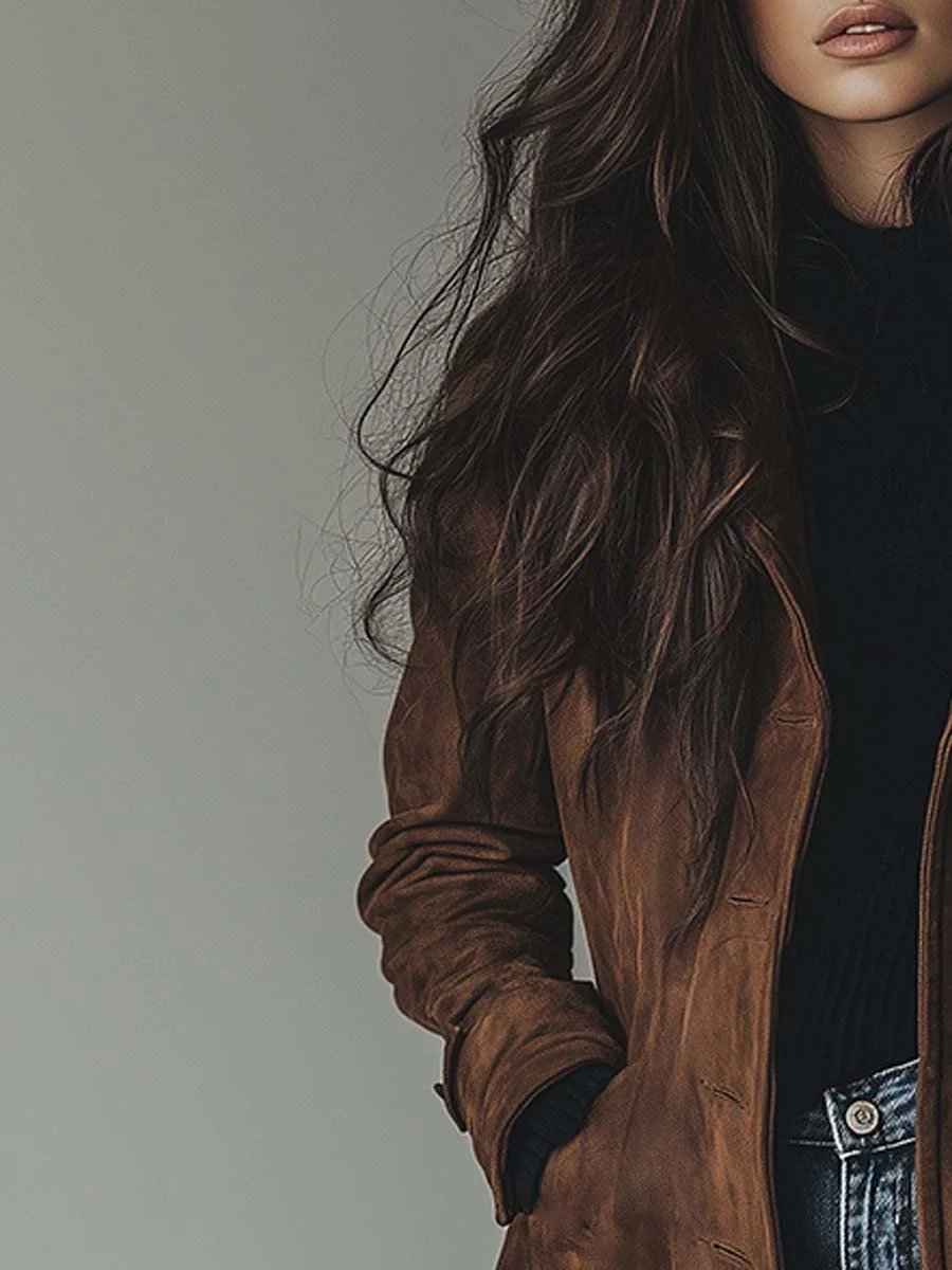 Women's Fitted Long Suede-Look Coat with Button Closure