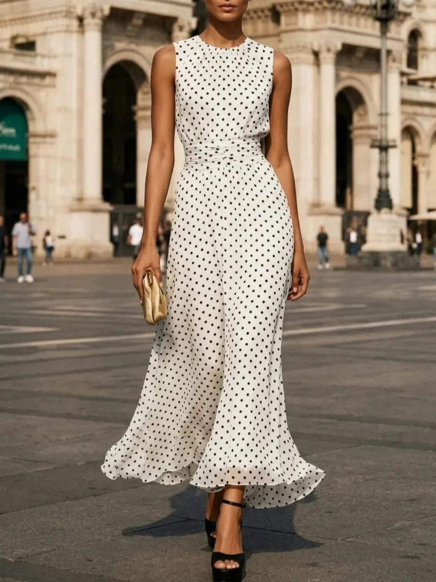 Sleeveless Polka Dots Waist Grace Temperament Maxi Dresses