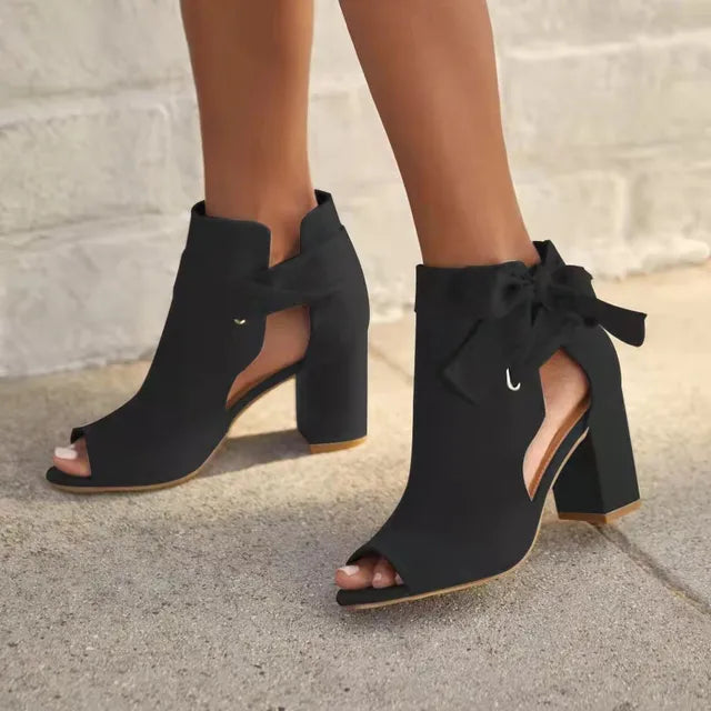Peep-toe ankle boots with bow detail and block heel