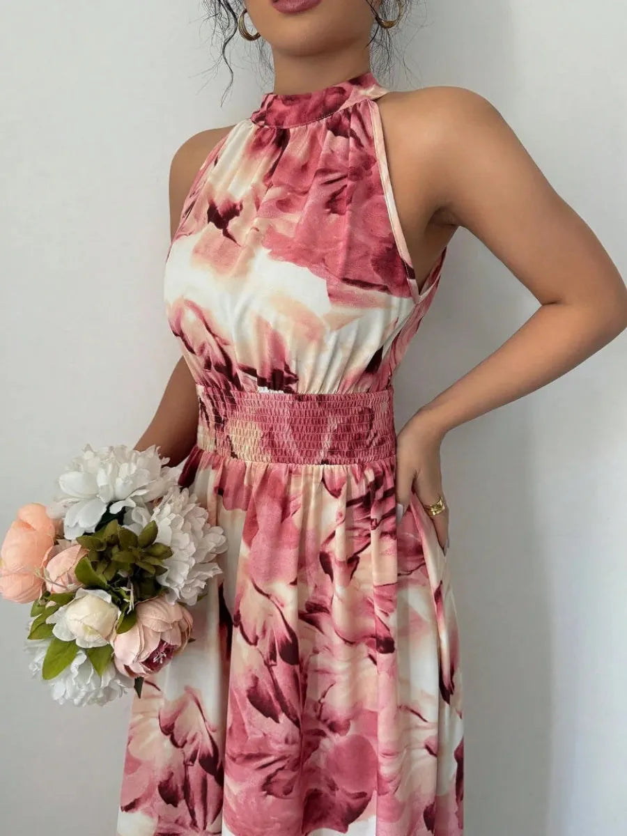 Printed Halter Sleeveless Vacation And Leisure Maxi Dresses