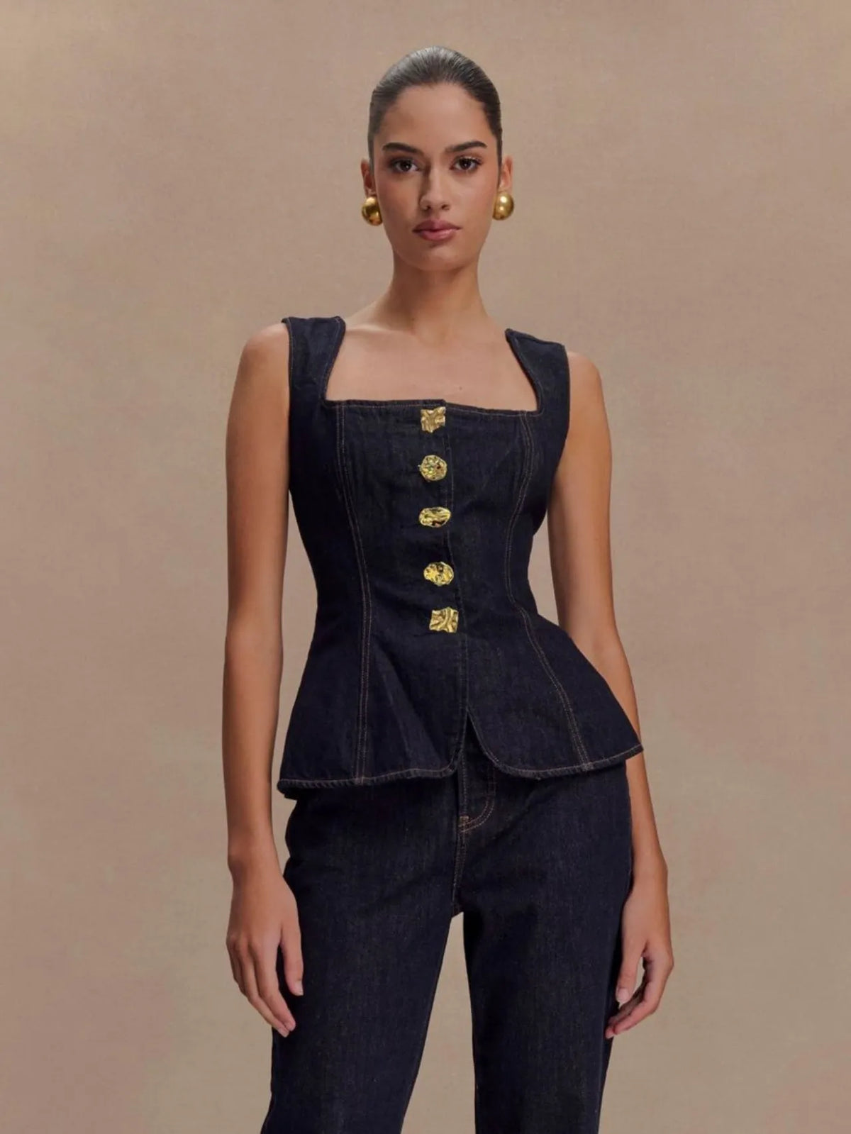 Sleeveless High-waisted Buttons Denim Vest And Trousers 2-piece Sets