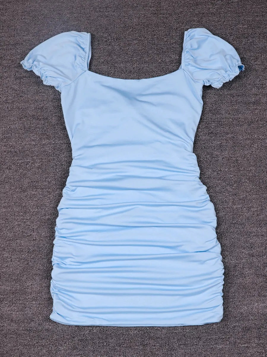 Hollow-out Pleated Puff Sleeve Bodycon Mini Dress