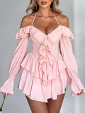 Ruffle Halter Neck Low-cut  Flare Sleeve Sweet Mini&Short Dresses