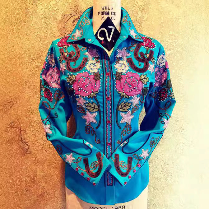 Women Casual Western Geometric Pattern Printed Lapel Long-Sleeve Single Breasted Blouse