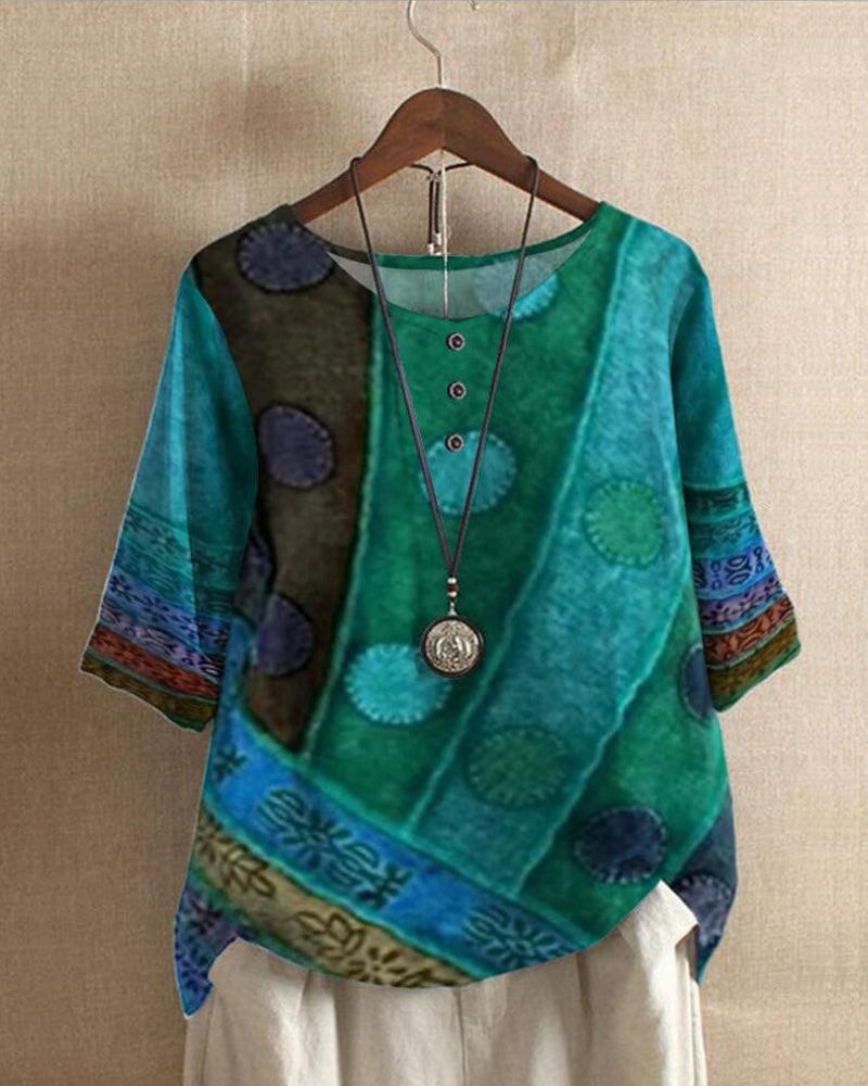 Boho Blouse with Print and Three-Quarter Sleeves