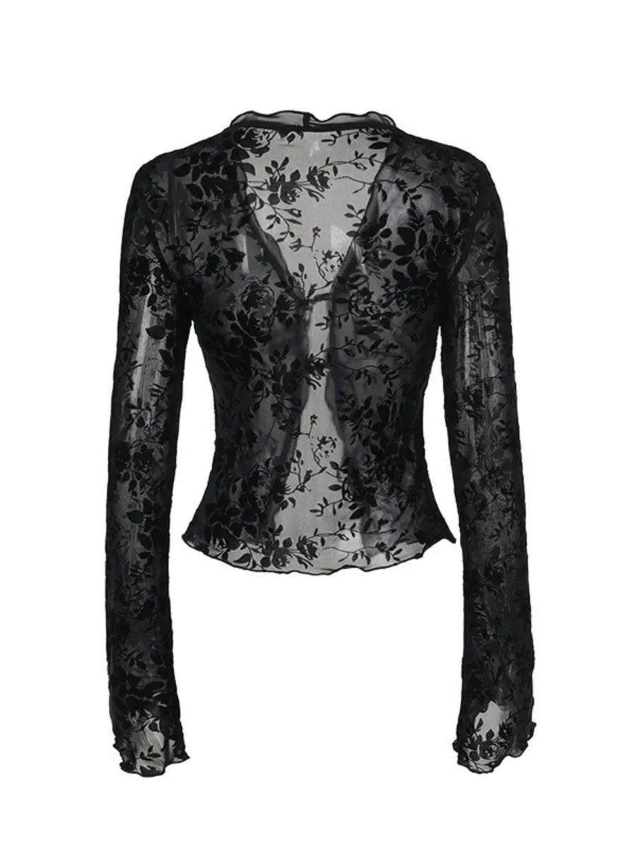 Deep V-neck Chiffon Burning Flowers Long Sleeve Designer Shirt