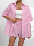 Two-Piece Outfit Set Striped Button Up Shirt & Casual Shorts