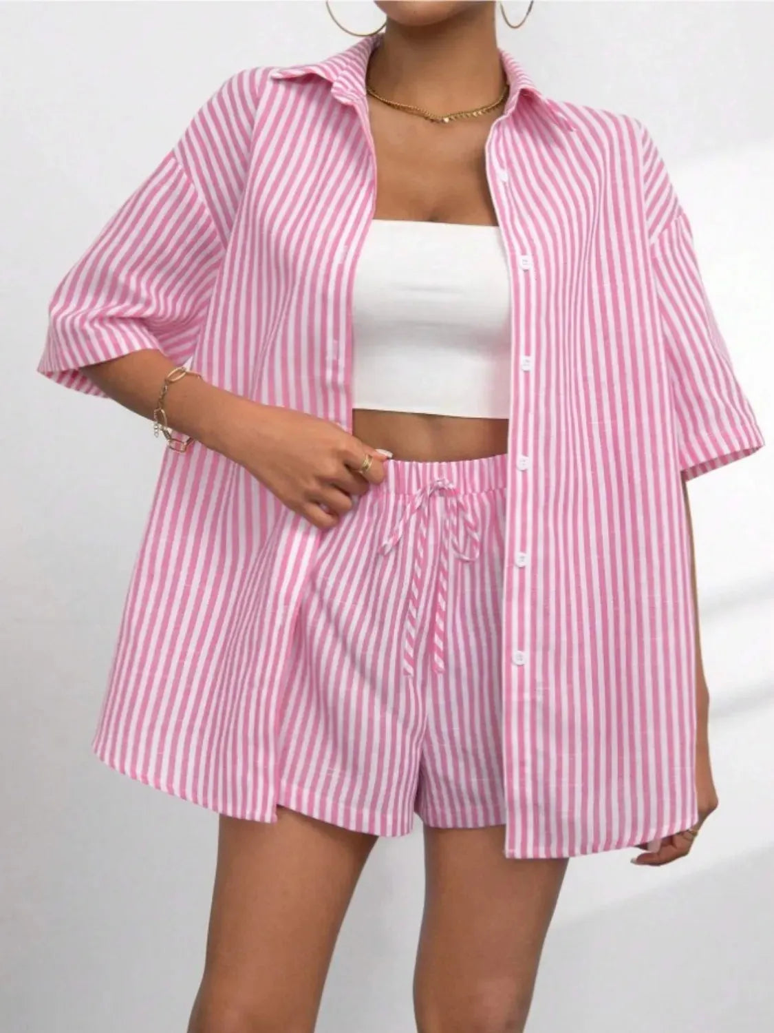 Two-Piece Outfit Set Striped Button Up Shirt & Casual Shorts