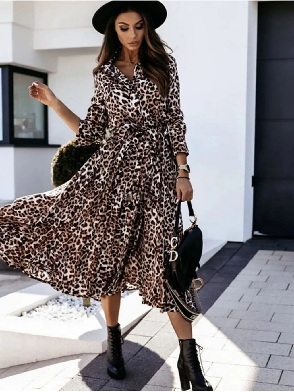 Leopard Print Long Sleeves Large Skirt Maxi Dresses