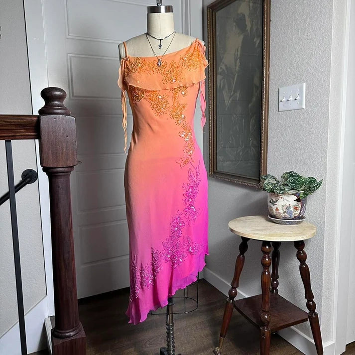 Orange Gradient Exquisite Beaded Spaetti Strap Midi Chiffon Slim Ball Gown Evening Dress Party Dress Prom Dress