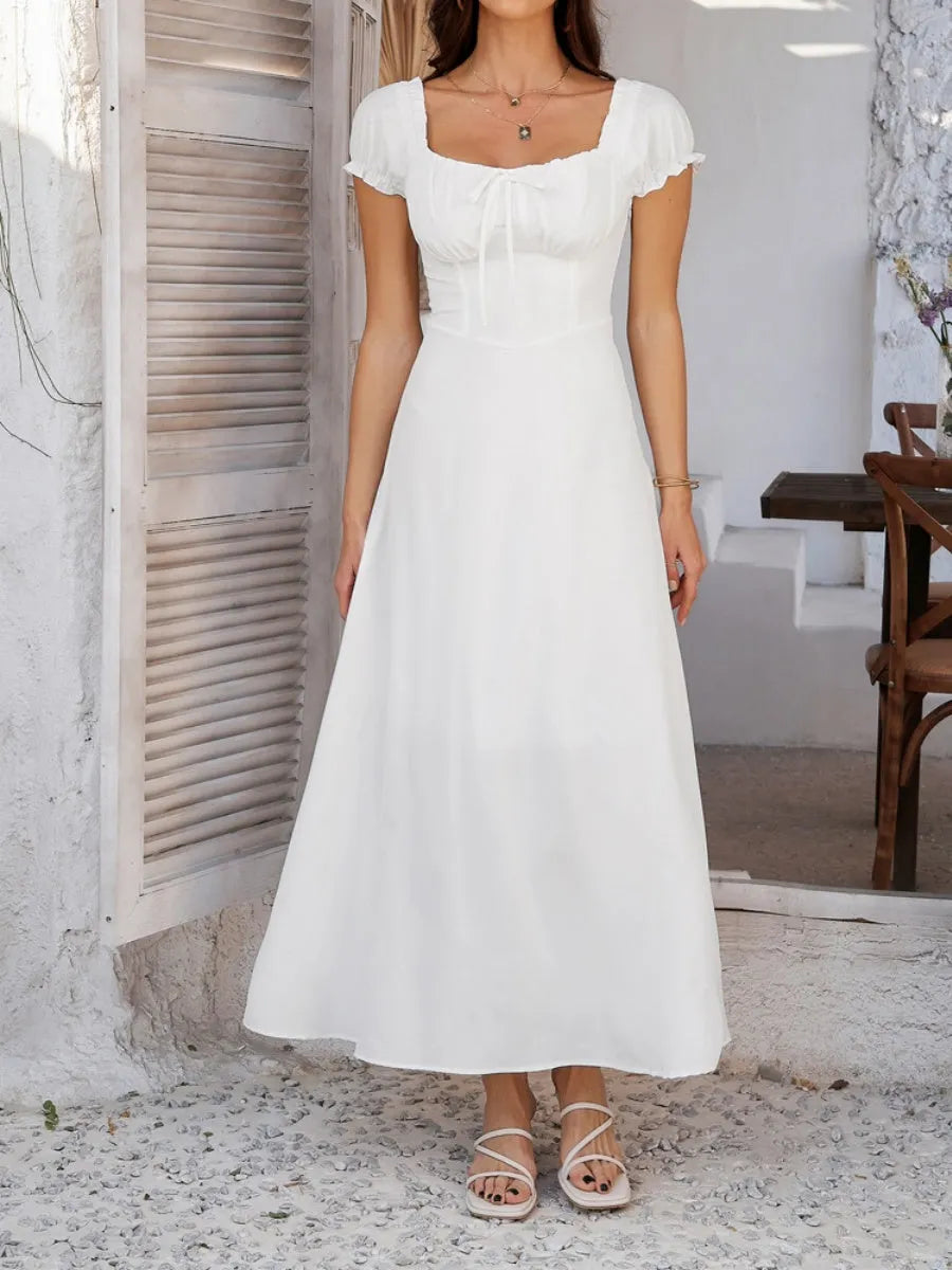Tie-waist Ruched Puff Sleeve Long Dress