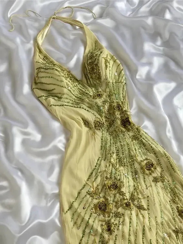Vintage Halter Gown, Hand-Beaded D Floral Embellished Irregular Hem Evening Dress