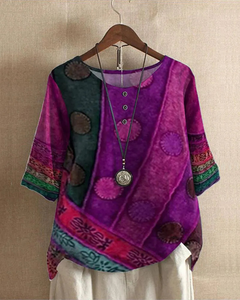 Boho Blouse with Print and Three-Quarter Sleeves